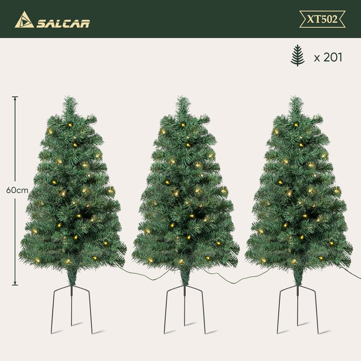 SALCAR 3er-Set Künstlicher Weihnachtsbaum 60cm mit Beleuchtung – PVC Tannenzweige mit Erdspiess, ide