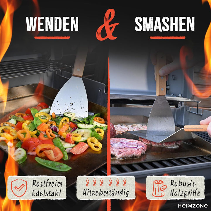 HEIMZONE® Plancha Grillplatte 40x30cm [NEUE VARIANTE 2026] - Edelstahl-Platte mit auslaufsicheren Ec