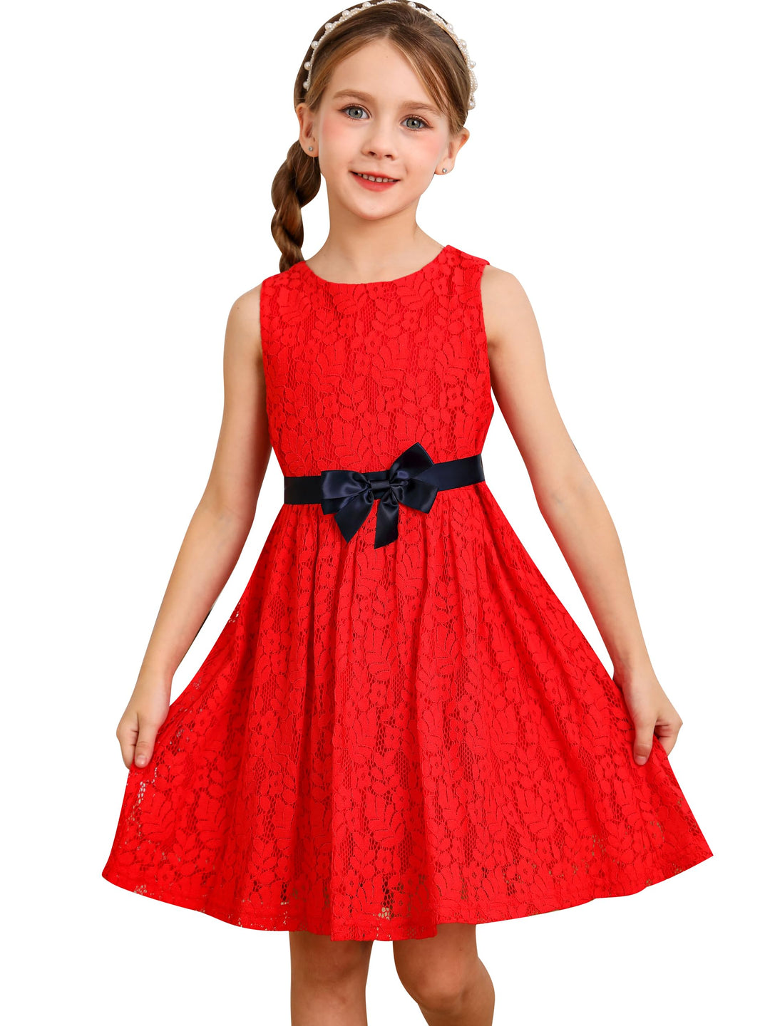 BONNY BILLY Mädchen Kleider Spitze Festlich Hochzeit Kinder Sommerkleid Winterkleid mit Schleife 5-6