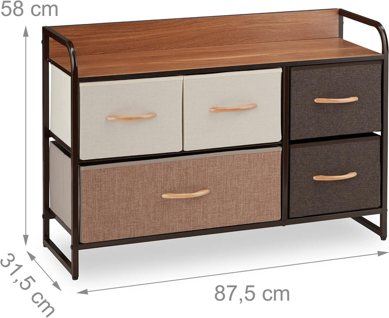 Relaxdays Schubladenschrank, 5 Stoff Fächer, Ablage, Wohnzimmer Schränkchen, Nachtkommode HBT 58 x 8