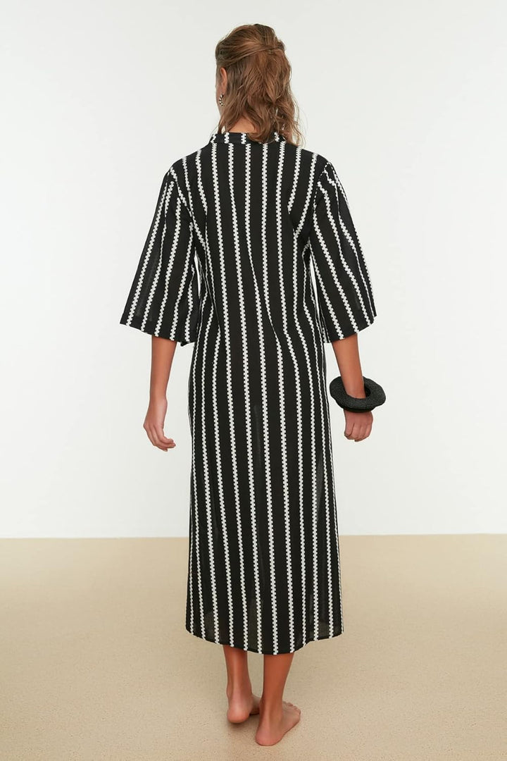TRENDYOL Damen Gestreifter Quaste detaillierter Voile Kimono & Kaftan S Schwarz, S Schwarz