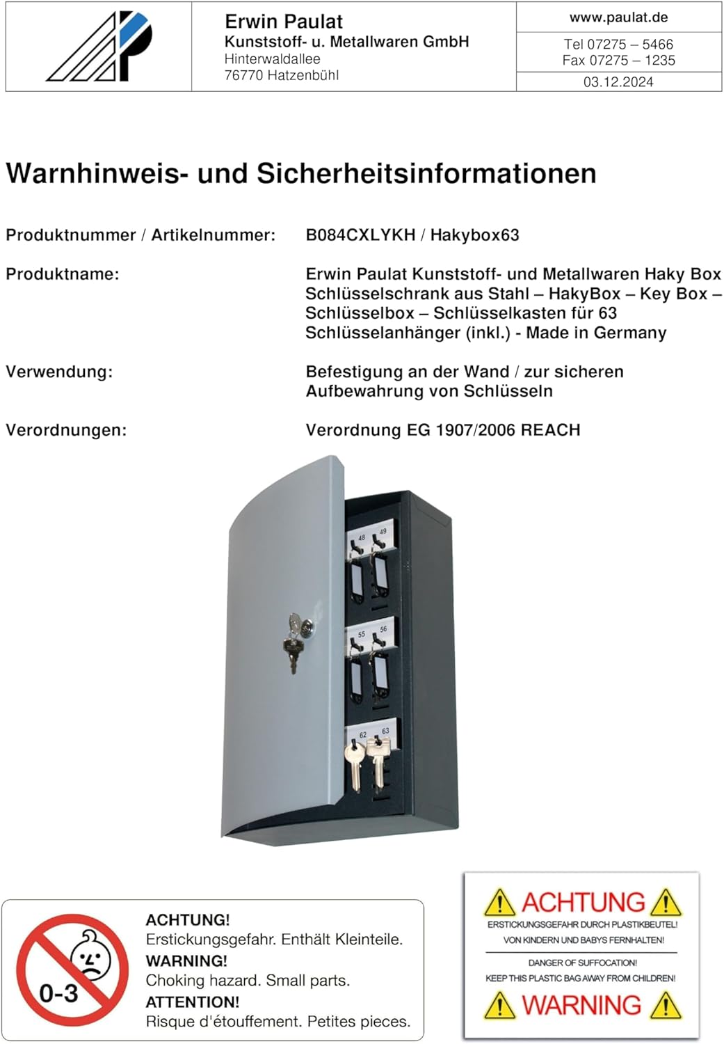 Erwin Paulat Kunststoff- und Metallwaren Haky Box Schlüsselschrank aus Stahl - Key Box - HakyBox - S