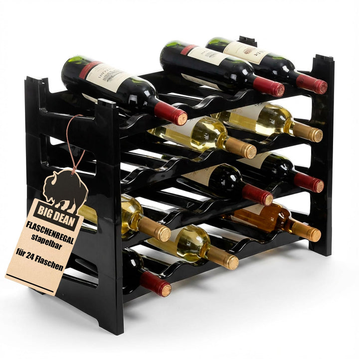 BigDean Flaschenregal stapelbar für 24 Flaschen Weinregal aus Kunststoff Schwarz Getränkeregal Flasc