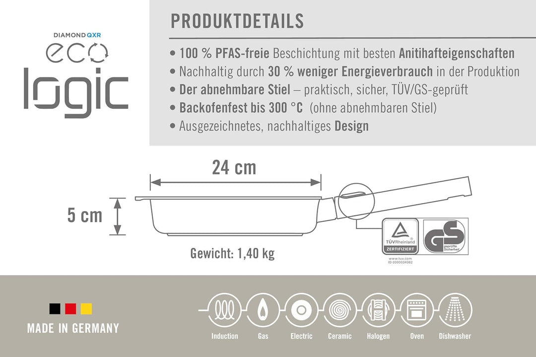 Woll Eco Logic QXR Guss-Flachpfanne - Induktiv -, Ø 24 cm, 5 cm hoch, mit abnehmbaren Stiel - Geeign