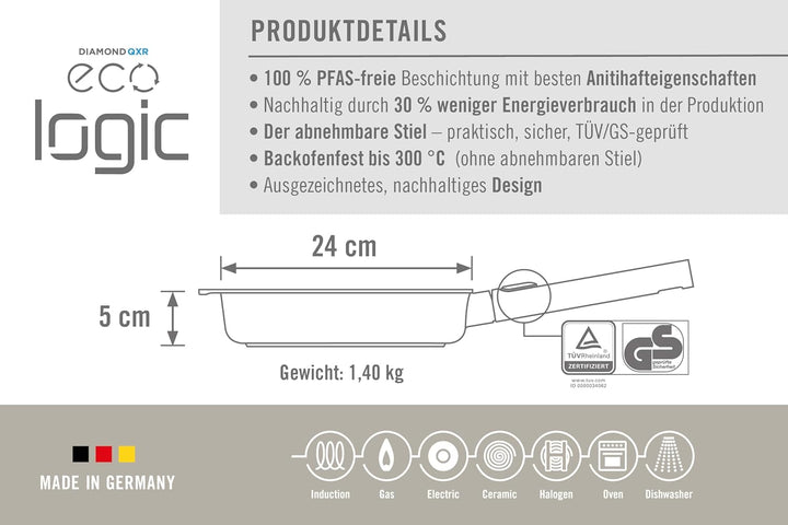 Woll Eco Logic QXR Guss-Flachpfanne - Induktiv -, Ø 24 cm, 5 cm hoch, mit abnehmbaren Stiel - Geeign