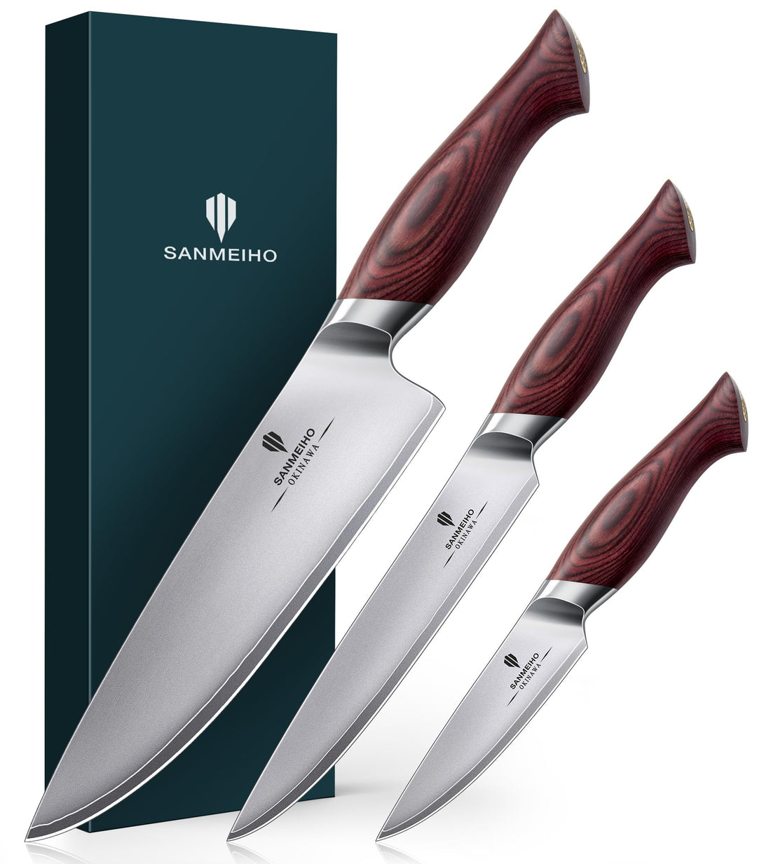 Messerset 3-teilig, Japanisches Küchenmesserset aus 10Cr15MoV Edelstahl, Scharfes Profi Kochmesserse