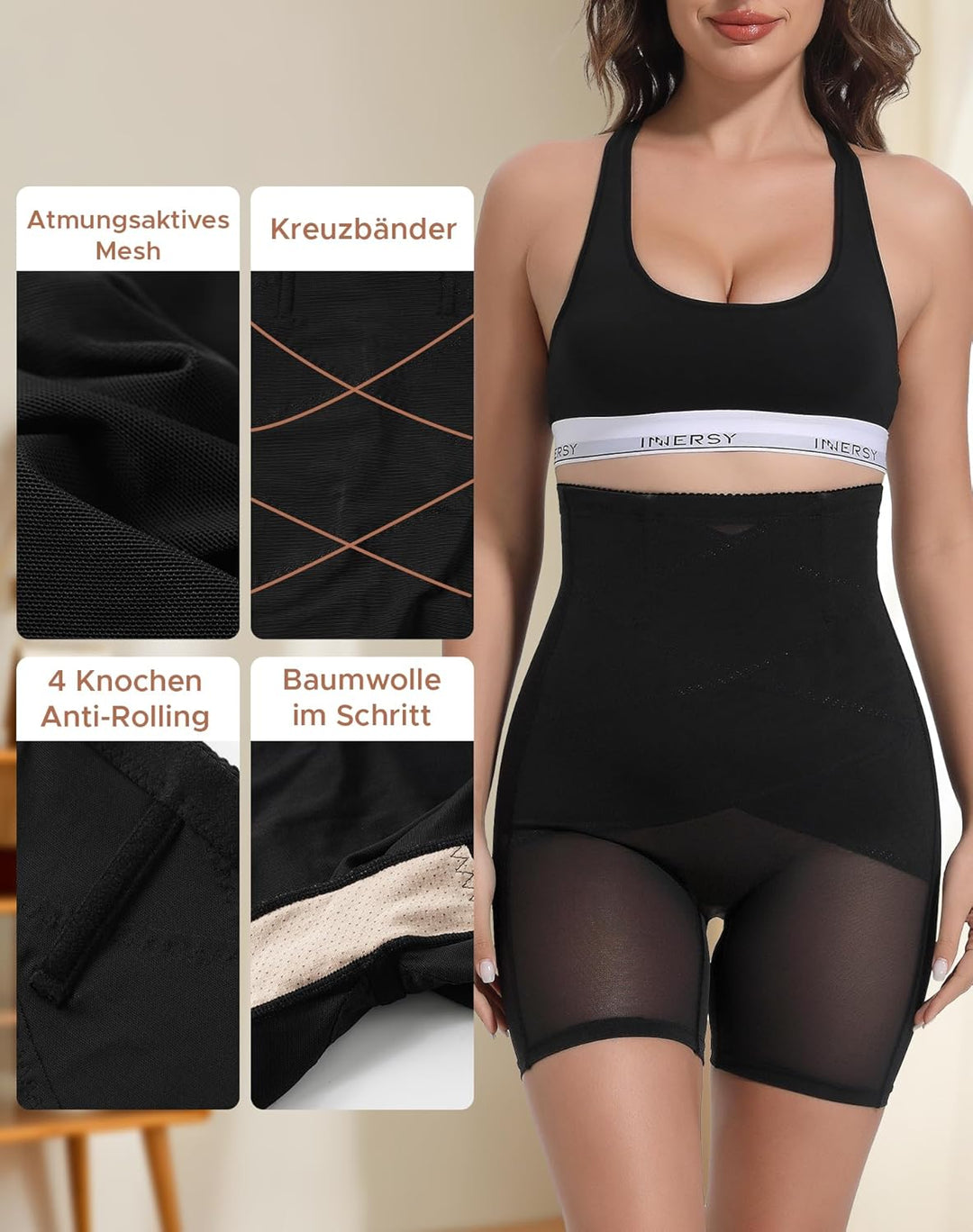 INNERSY Bauchweg Unterhose Damen Miederhose mit Bein Bauch Weg Figurformende Shapewear Hose S 1 Schw