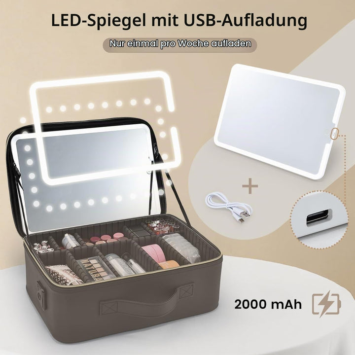Kosmetiktasche Grosse Make up Tasche Schminkkoffer mit Beleuchtetem Spiegel-3 Farben LED Licht Schmi
