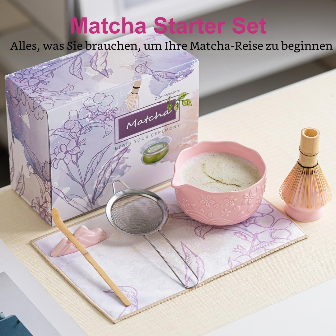 Matcha Set Pink, 8 Stück Matcha Tee Sets mit Matcha Besen und Schale, Schaufel, Löffelständer, Besen