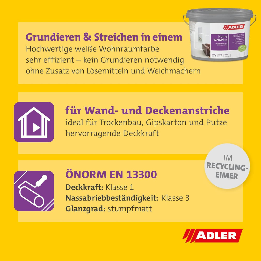 Aviva Home-Weiss Plus - 3 Liter - Wandfarbe mit Grundierung, Trockenbaufarbe, für Gipskarton und gla