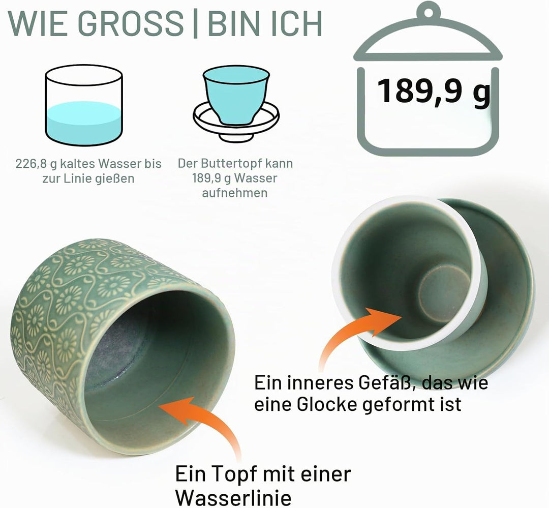 französische Keramikbutterglocke mit Deckel, Wassergekühlte Butterdose mit Wasserlinie, für frische