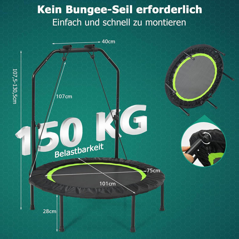 GYMAX Fitness Trampolin φ101cm, leise faltbares Mini Trampolin bis zu 150 kg Belastbar, Gartentrampo