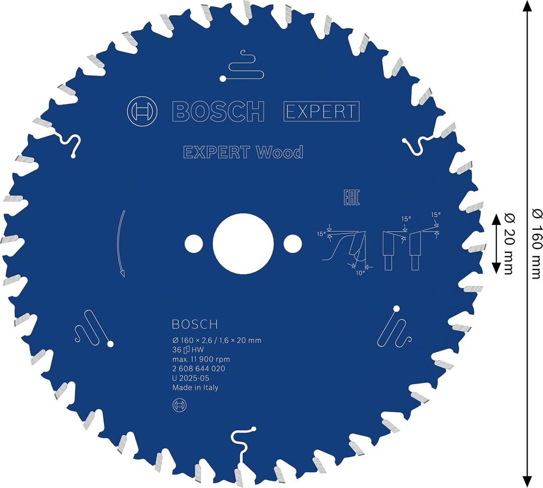 Bosch Professional 1x Kreissägeblatt Expert for Wood (Holz, Sägeblatt Ø 160 x 20 x 2,2 mm, 36 Zähne,