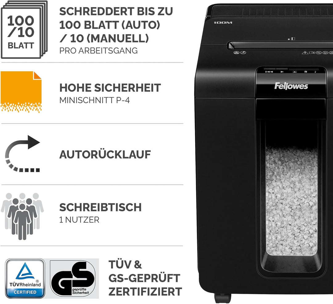 Fellowes Aktenvernichter Autofeed, 100 Blatt Minicut (P4), Papierschredder Hybrid mit automatischem
