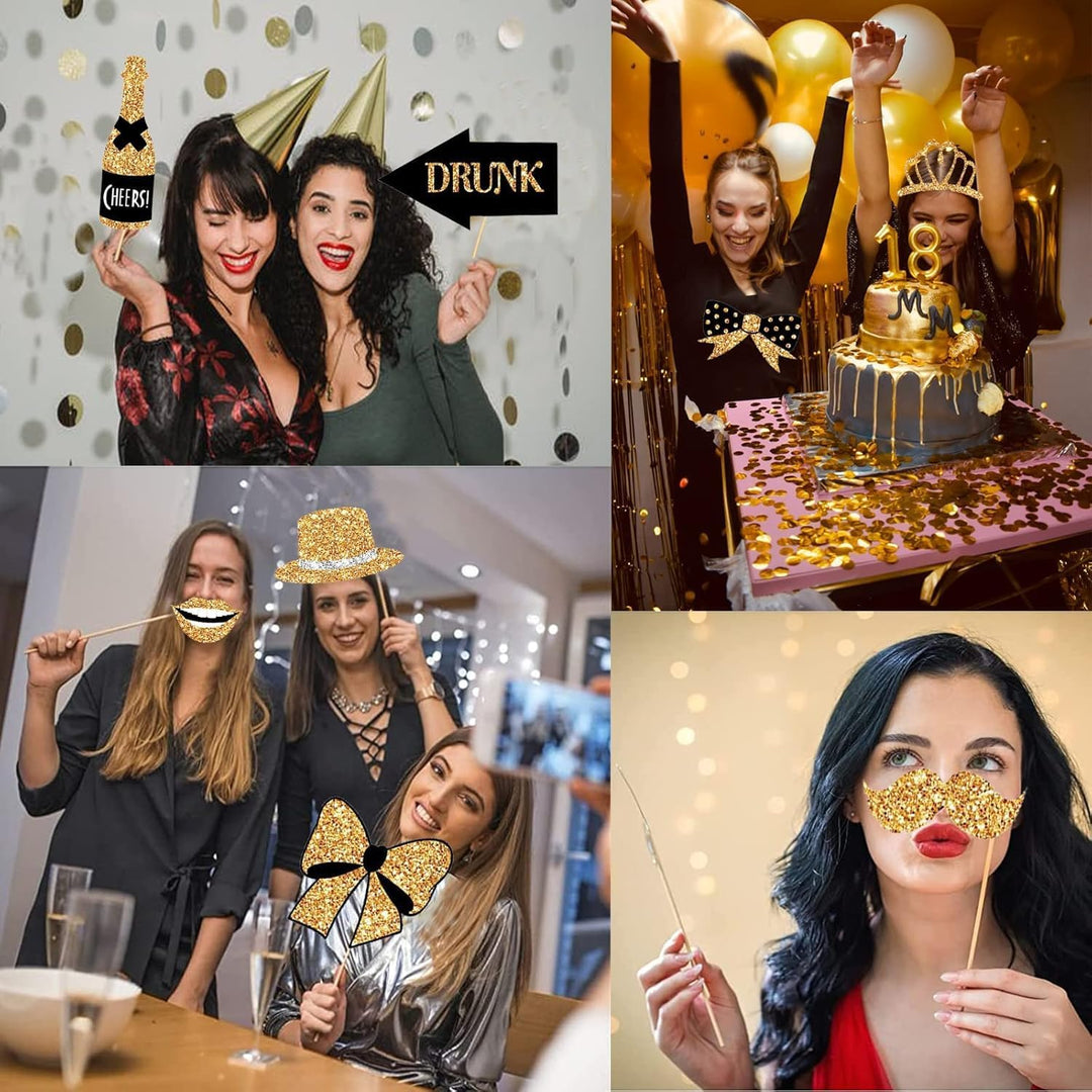 Foto Requisiten,36 Stück Fotobox Accessoires,Foto Verkleidung mit Sticks und Stickern,Schwarzes Gold