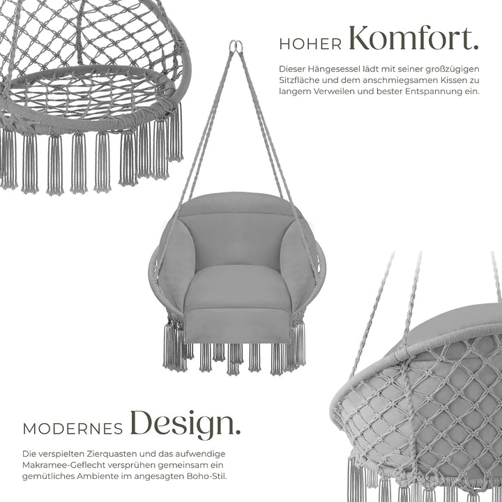 tectake® Hängesessel, Hängeschaukel mit dicken Kissen &amp; Quasten, Boho Hängekorb Ø 80 cm, Hängesessel