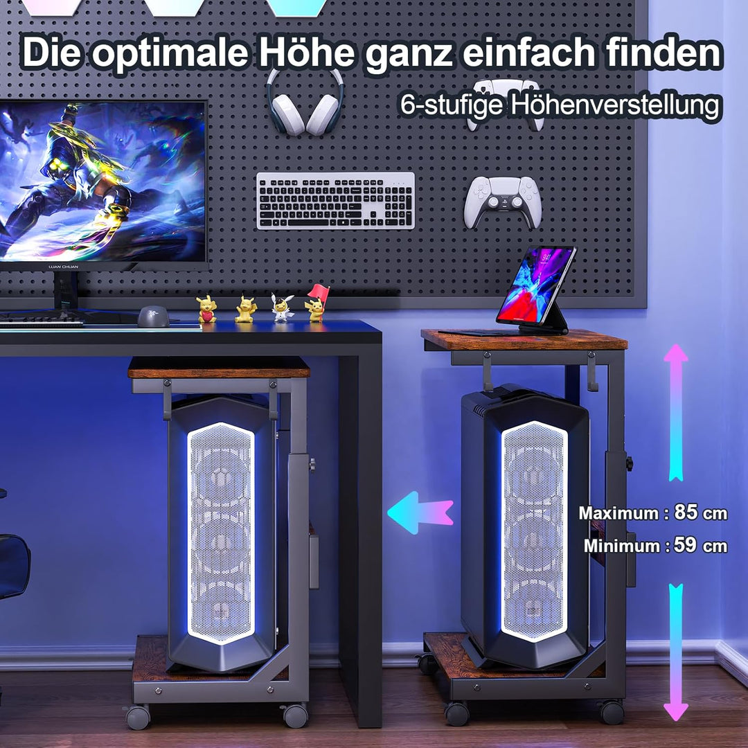 Höhenverstellbarer Computer-Tower-Ständer mit 2 Ablagen & Stauraum – für ATX-Gehäuse, Drucker, fests
