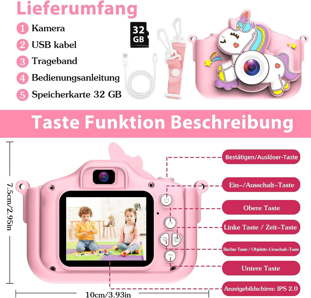 Kinderkamera mit 32GB Karte 1080P HD Kinder Digitalkamera Rosa Kids Camera