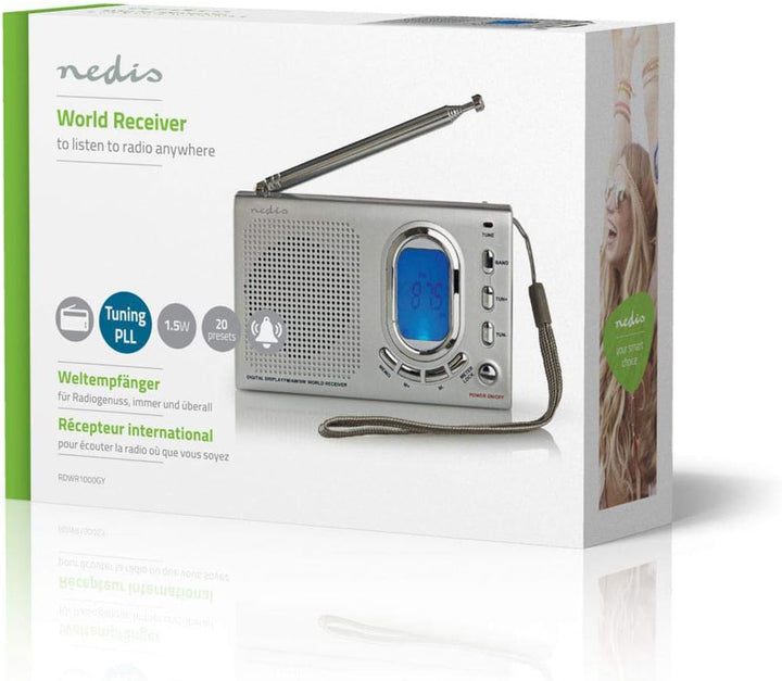 NEDIS World Receiver Radio World Radio Receiver FM/AM/SW, Portable Radio Alarm and Clock with Headph