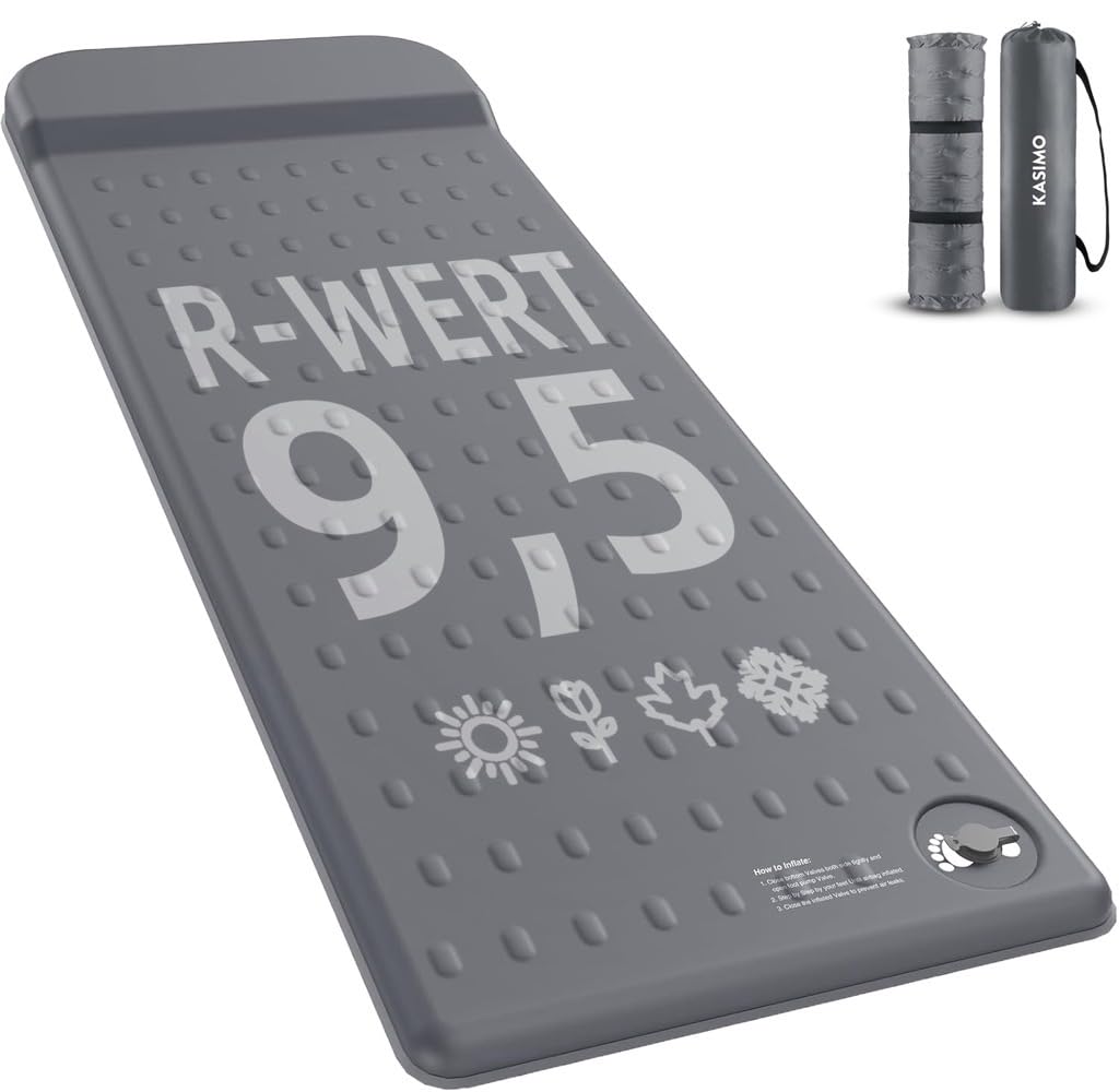 KASIMO Isomatte Selbstaufblasend Camping Matratze, R-Wert 9,5 Ultra-Dicke Memory-Foam Schlafmatte mi