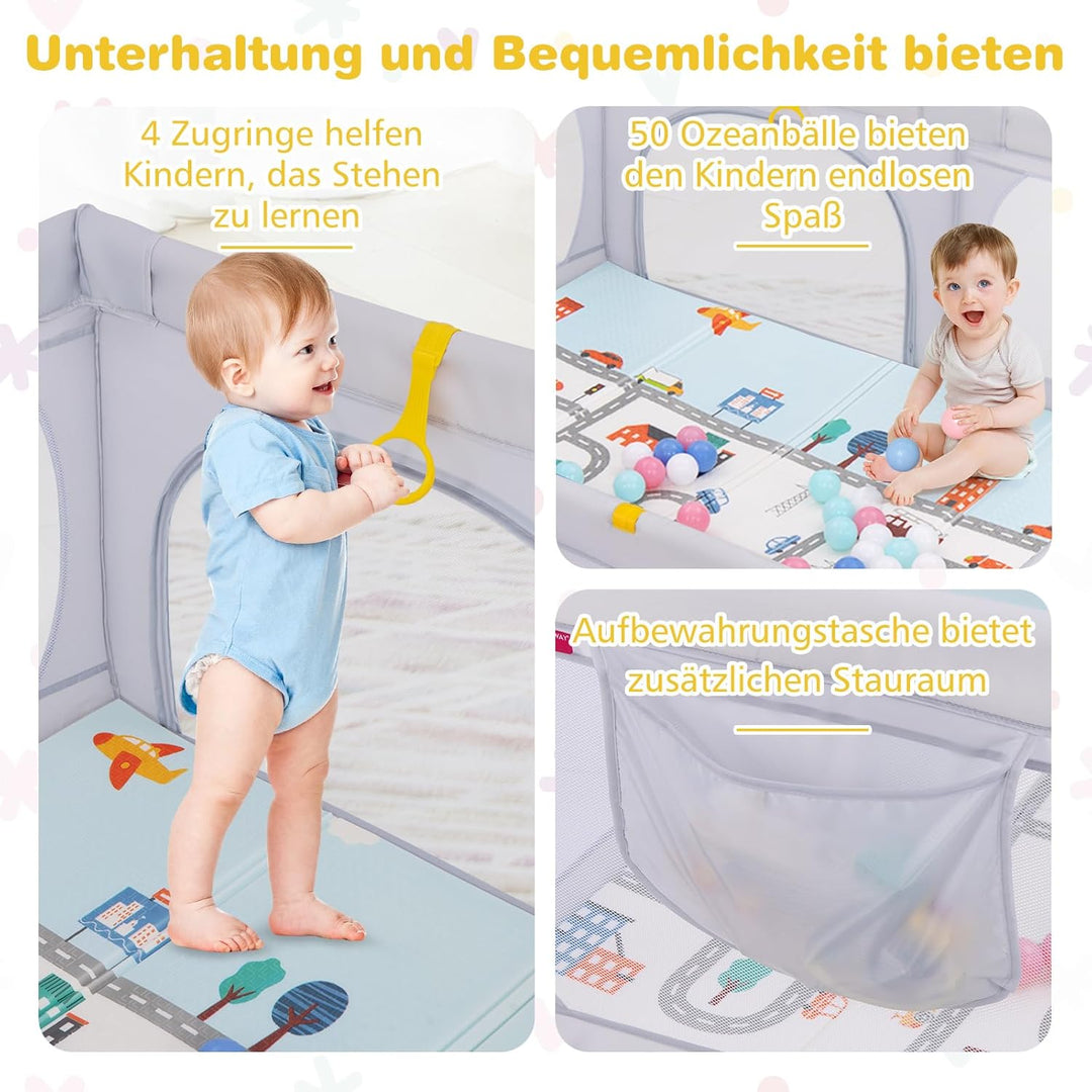 GOPLUS 189x158 cm Laufstall Baby, Laufgitter mit atmungsaktiver Netz, 4 Reissverschlusstür, Tragetas