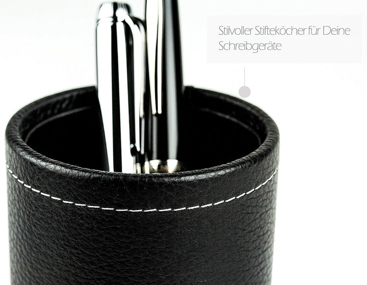 DELMON VARONE - Stifteköcher aus Soft Grain Leder schwarz, Echtleder Stiftebecher mit PU Innenverkle