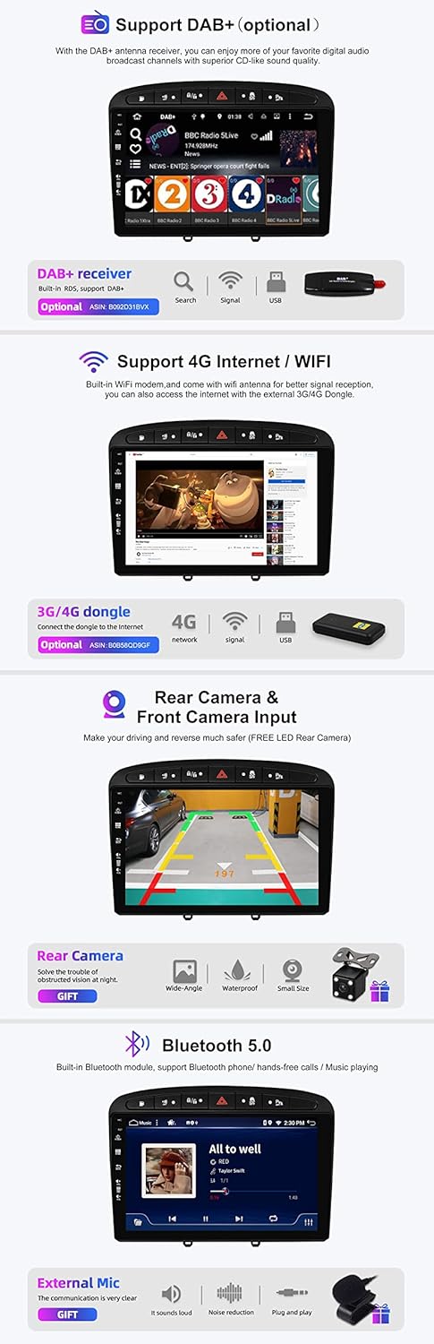 SXAUTO Android 12 IPS Autoradio für Peugeot 308/408 (2010-2016) - Eingebaut Carplay/Android Auto/DSP