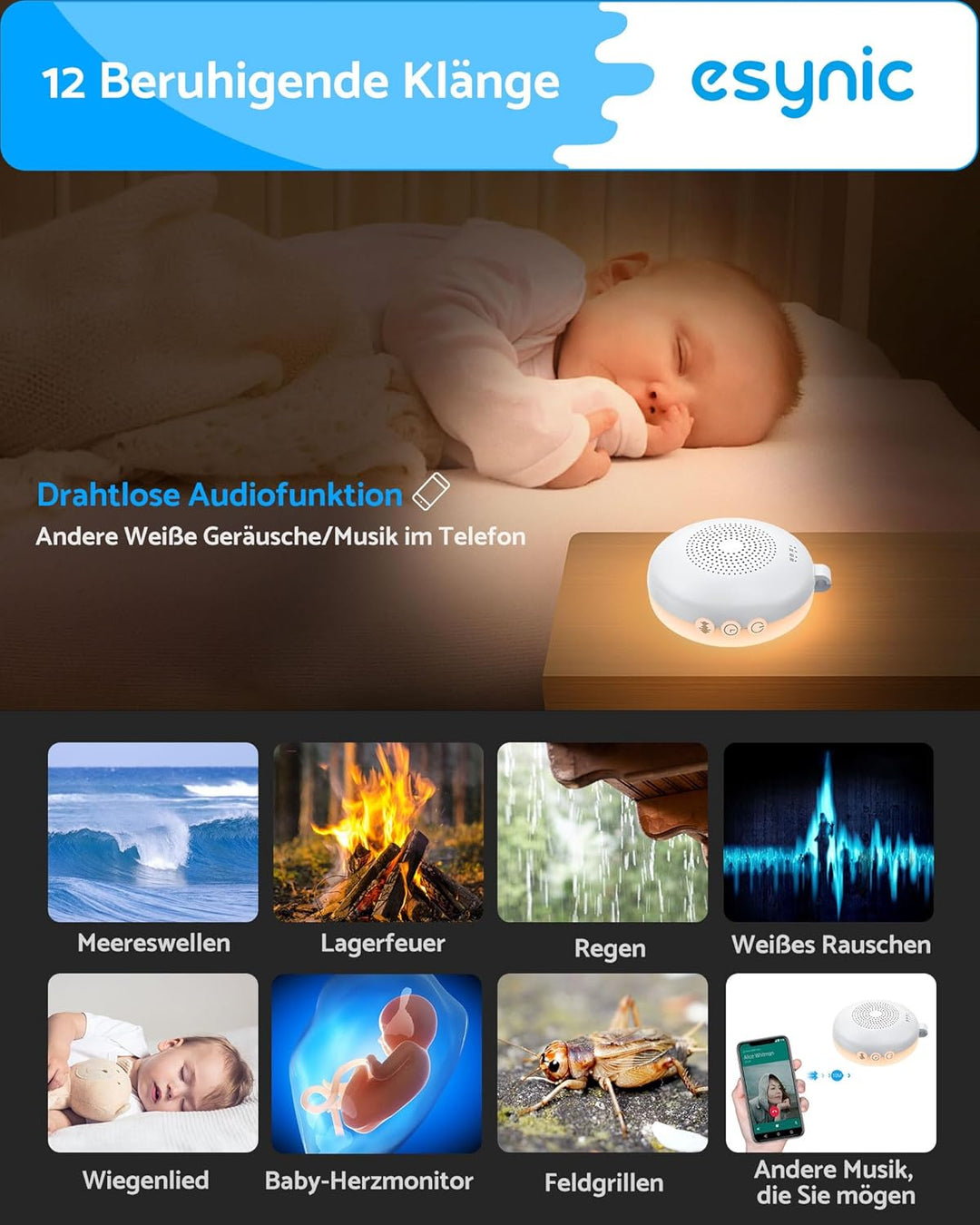 eSynic White Noise Machine Baby mit Nachtlicht Weisses Rauschen Einschlafhilfe Babys Erwachsene Soun