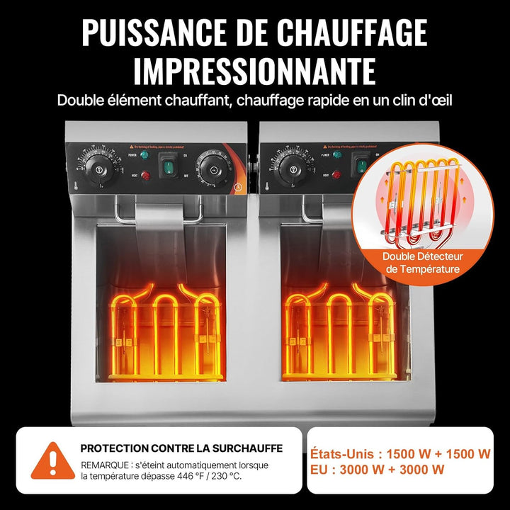 3 KW elektrische Tischfritteuse mit Doppeltank 2×11 L aus Edelstahl, Temperatur- & Zeitregulierung f