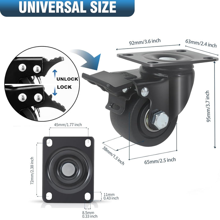 RRIUTO Schwerlastrollen bis 1500KG, 65MM Lenkrollen Niedriger Schwerpunkt Schwarz Transportrollen Mö