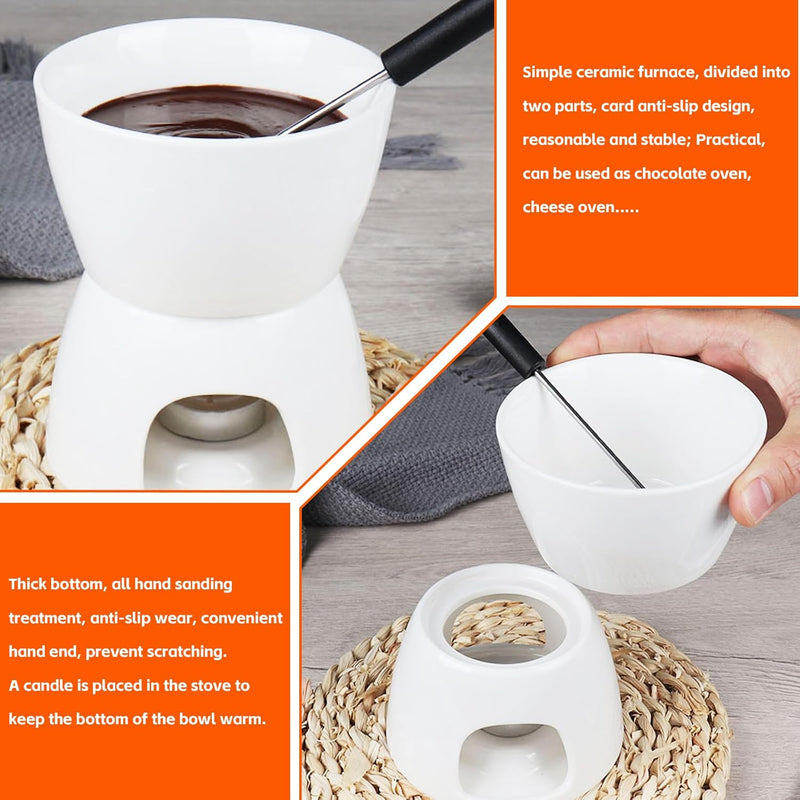 Keramik Schokofondue-Topf-Set, Schokoladenfondue-Keramikschale mit Teelichthalter und 2 Gabeln, Scho