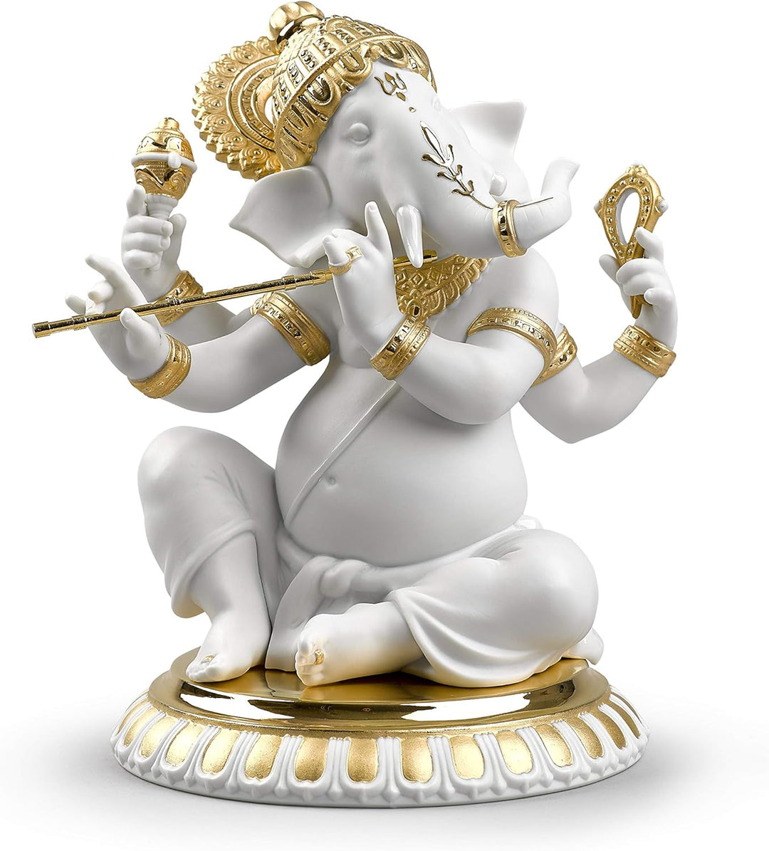 LLADRÓ Figur Ganesha Mit Bansuri. Gold. Ganesha Mit Bansuri. Porzellan.