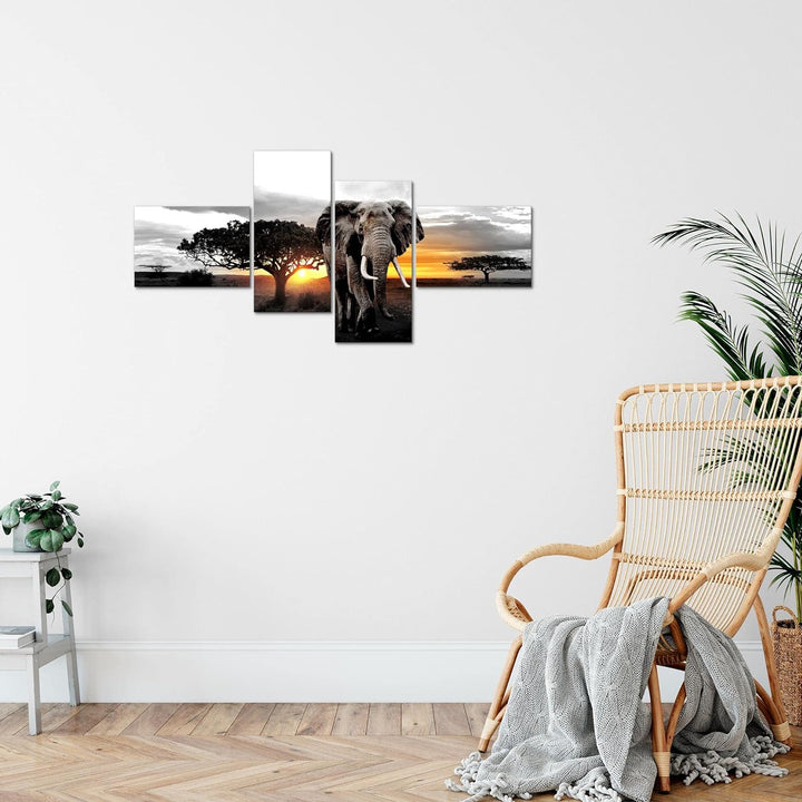 Runa Art Bild Modern Afrika Elefant - Made in Germany - Wandbilder Panorama Grau Orange 4 Teilig 001