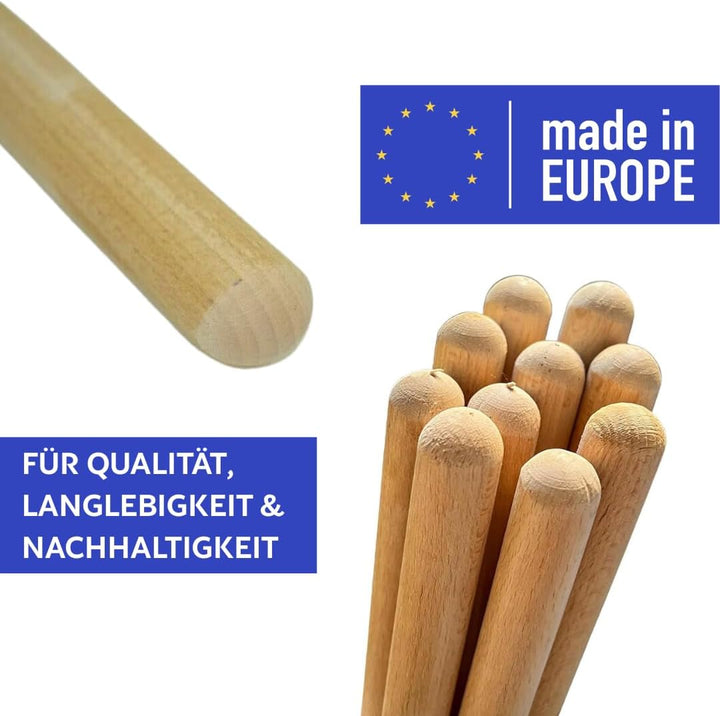 3 Stk. Besenstiel Holz Ersatzstiel, 120 cm, Holzstiel aus Buchenholz, Gerätestiel Ø22 mm, Holzstiele