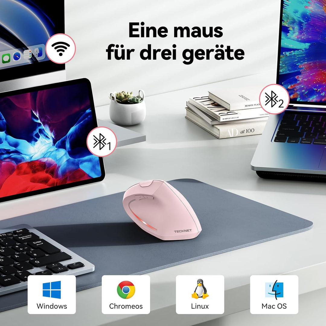 TECKNET Ergonomische Maus, Kabellose Bluetooth Vertikale Maus(BT 5.0+BT 3.0+2.4G), 6 Einstellstufen