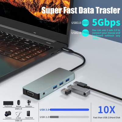 10 IN 1 USB-C Docking Station,USB Typ C to 4K 30Hz HDMI 1080P VGA, 100W PD, USB 2.0+USB3.0, SD/TF-Le