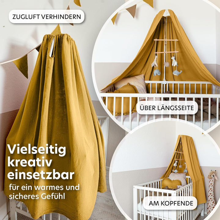 Betthimmel Babybett mit Goldapplikationen [in 12 Farben] Himmel Babybett aus 100% Baumwolle Musselin