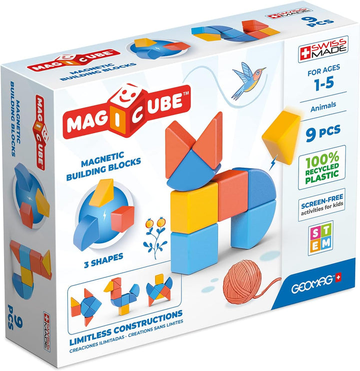 GEOMAG - MAGICUBE - 9 Magnetische Bausteine Rot/Orange/Blau - Pädagogisches Spielzeug Für Kinder Ab