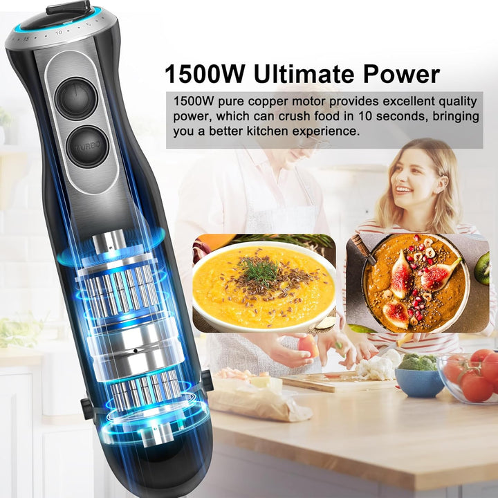 1500W Stabmixer 4 in 1, Pürierstab mit 20 einstellbaren Geschwindigkeiten und Turbo-Modi, Stabmixer