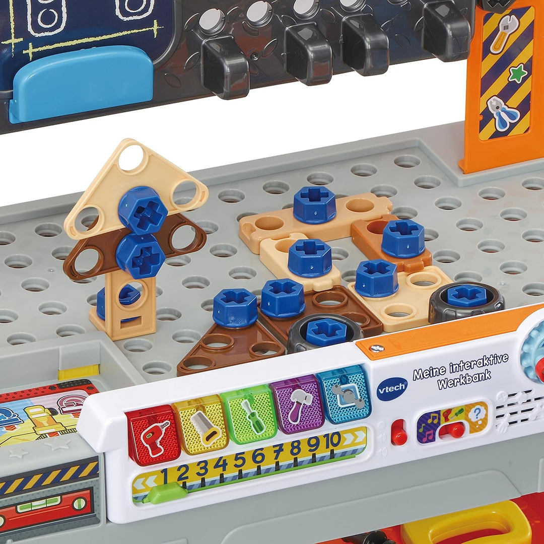 VTech Meine interaktive Werkbank – Mit 60 Zubehörteilen und realistischen Soundeffekten, Lichteffekt
