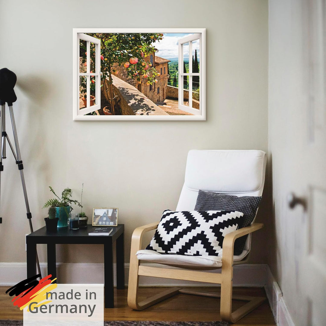 Artland Leinwandbild Wandbild Bild auf Leinwand 100x70 cm Wanddeko Fensterblick Fenster Toskana Land