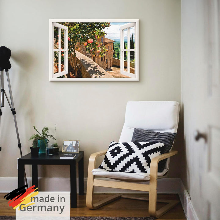 Artland Leinwandbild Wandbild Bild auf Leinwand 100x70 cm Wanddeko Fensterblick Fenster Toskana Land