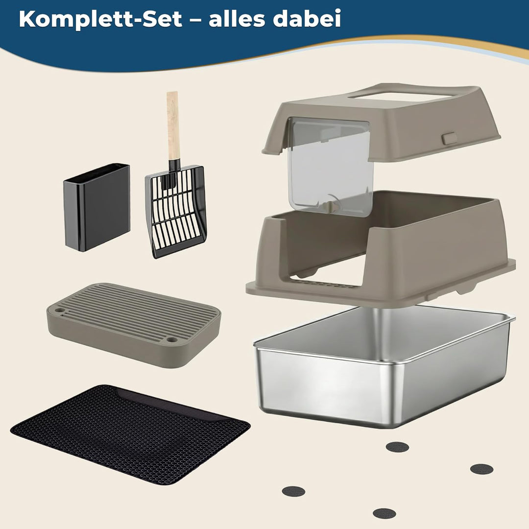 Katzenklo Edelstahl mit Deckel XXL – Geschlossene Katzentoilette mit 2 Eingängen, Trittstufe, Schauf