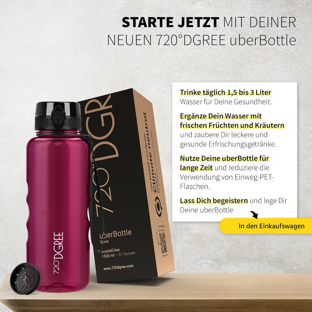720°DGREE Trinkflasche 1,5l “uberBottle“ crystalClear +Sieb - BPA-Frei - Wasserflasche für Sport, Gy