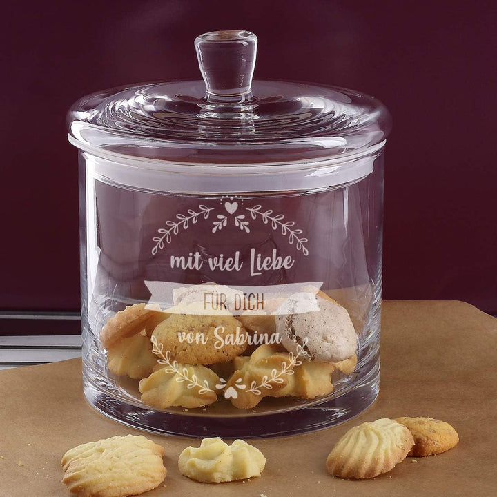Herz & Heim® Keksdose mit Gravur aus Glas mit Deckel