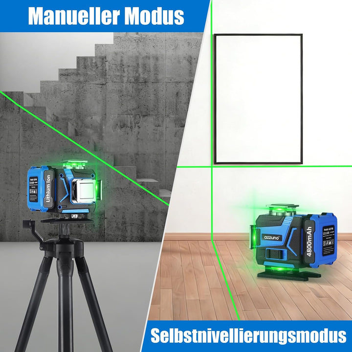 Laserstufe 4x360° Grünstrahl mit LCD-Bildschirm, Selbstnivellierendes Werkzeug mit wiederaufladbarem