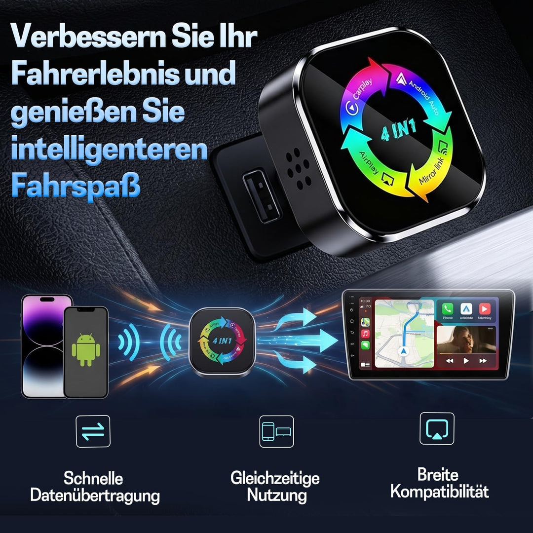 4-in-1 Wireless CarPlay Adapter,Carplay Wireless Adapter Kabelgebunden zu Kabellos für CarPlay &amp; And