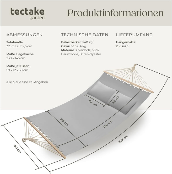 tectake® Doppel Hängematte Outdoor, XXL Stoff Schaukeltuch, Sonnenliege 2 Personen inkl. Kissen, Sch
