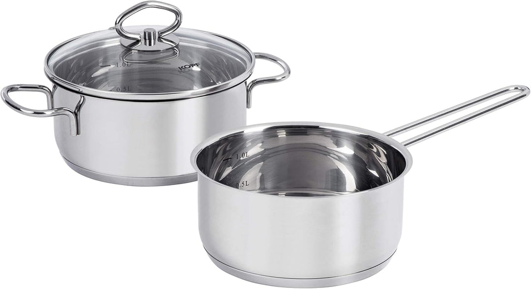 Kopf Topfset Merkur aus Edelstahl - Induktionstöpfe mit Schüttrand, Literskala und Glasdeckel – 6-te