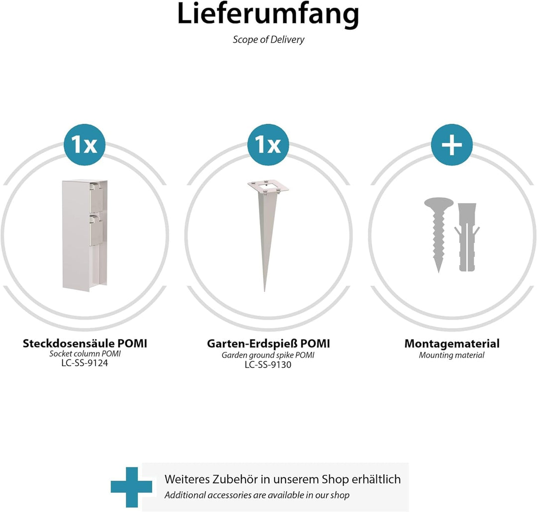 ledscom.de Aussensteckdose POMI mit Erdspiess, wetterfest, IP44, 2-fach, edelstahl, eckig, 23cm, 3 S